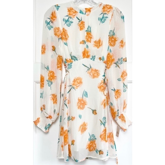 NWT FREE PEOPLE Floral Chiffon Puff Long Sleeve Smock Cuff Lace Up Side Dress XS - Picture 5 of 9